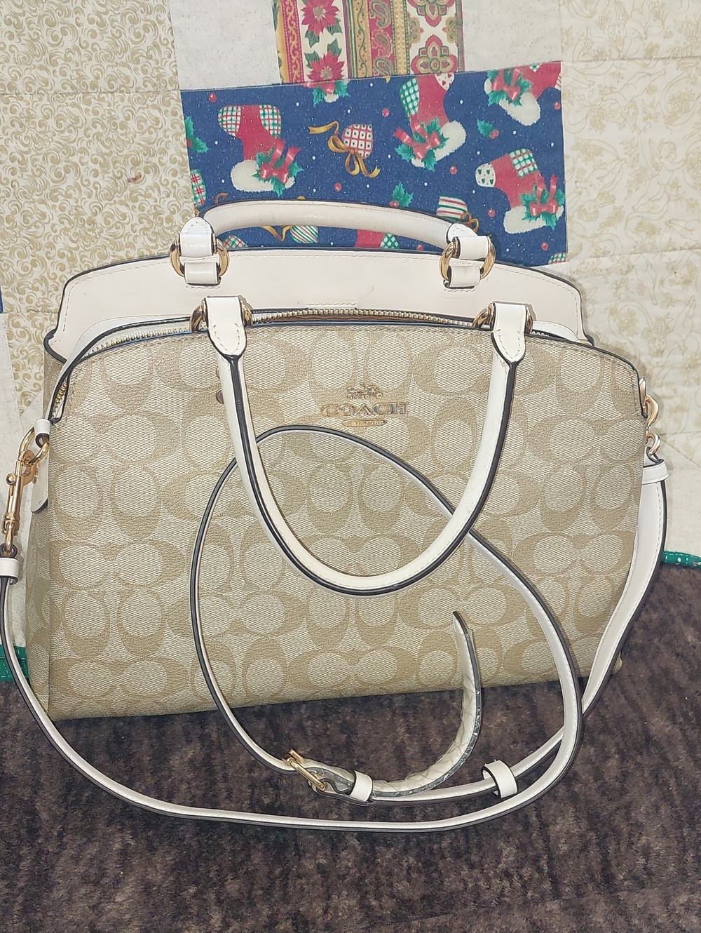 Coach Lillie Carryall  Beige  Canvas Satchel with Chalk Trim.new Condition